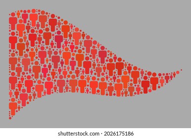 Mosaic waving red triangle flag constructed with man items. Vector demographic collage waving red triangle flag designed for demographics purposes.
