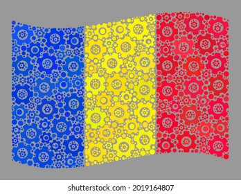 Mosaic waving Romania flag constructed of progress icons. Vector gear collage waving Romania flag constructed for service projects. Romania flag collage is done of scattered service icons.