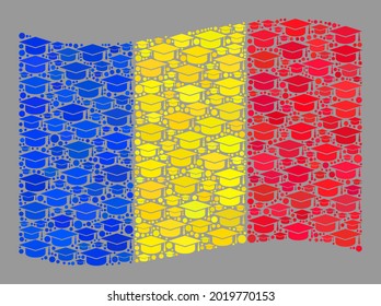 Mosaik wehende rumänische Flagge, die aus Graduierungsmützenelementen besteht. Vektorgrafik-Collage der Universität, die die Flagge Rumäniens schwebt, wurde für nachrichtendienstliche Poster erstellt.