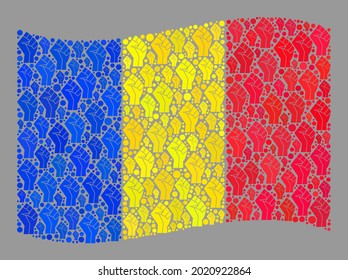 Mosaico ondeando la bandera de Rumania creada con elementos rebeldes. Mosaico vectorial de la revolución ondeando la bandera de Rumania creada con fines de rebelión. Diseñado para afiches políticos o patrióticos.