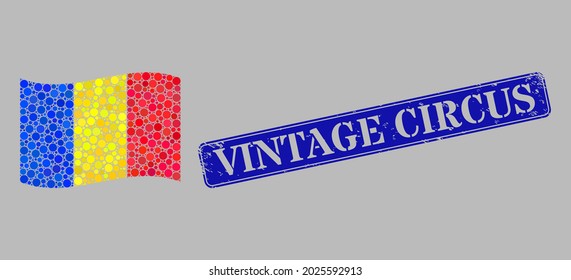 Mosaic waving Romania flag created with round dots, and distress Vintage Circus rectangle stamp seal. Vector dots are composed into waving Romania flag mosaic.