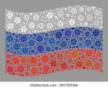 Mosaic waving Russia flag constructed of Covid-2019 items. Vector covid-2019 mosaic waving Russia flag designed for health care advertisement. Designed for political or patriotic purposes.