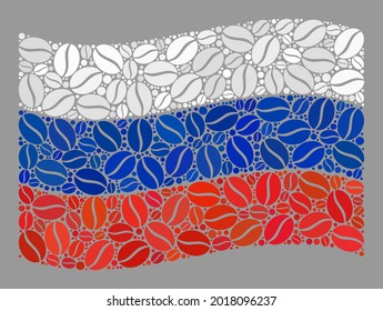 Mosaic waving Russia flag is constructed with coffee seed elements. Vector coffee collage waving Russia flag organized for coffee delivery badges.