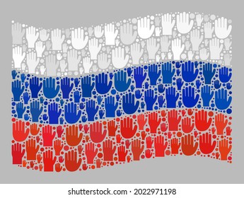 Mosaic waving Russia flag designed of raised like arm elements. Vector voting mosaic waving Russia flag designed for party wallpapers. Russia flag collage is designed with like palms.