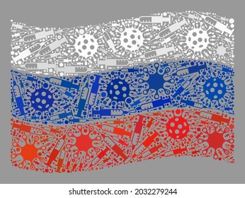 Mosaic waving Russia flag designed of viral and needle items. Vector virus therapy collage waving Russia flag organized for isolation illustrations.
