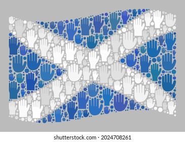 Bandera de Escocia ondulada con mosaico diseñada para enarbolar artículos de mano de elección. Collage político vectorial ondeando la bandera de Escocia hecho para afiches del partido. El collage de la bandera escocesa se hace levantando palmas.