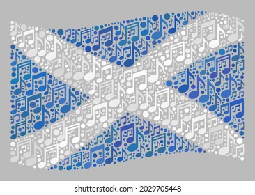 Mosaic waving Scotland flag designed of music notation symbols. Vector melody collage waving Scotland flag organized for concert advertisement.