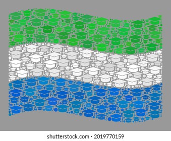 Mosaic waving Sierra Leone flag designed with student cap icons. Graduation vector collage waving Sierra Leone flag constructed for academic illustrations.