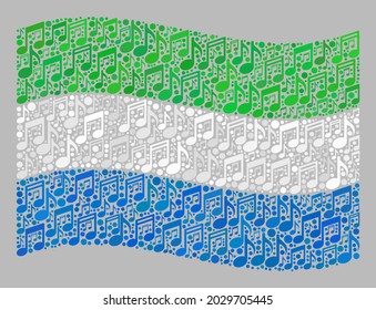 Mosaic Waving Sierra Leone Flag Designed With Melody Symbols. Vector Melody Mosaic Waving Sierra Leone Flag Constructed For Club Projects.