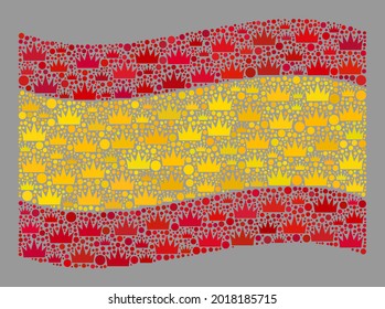 Mosaic waving Spain flag constructed with royal elements. Royalty vector mosaic waving Spain flag designed for kingdom propaganda. Designed for political or patriotic projects.