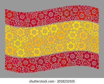 Bandera de España de ondulación mosaica construida de artículos de servicio. Mosaico de la rueda de vectores ondeando bandera española construida para aplicaciones de control.