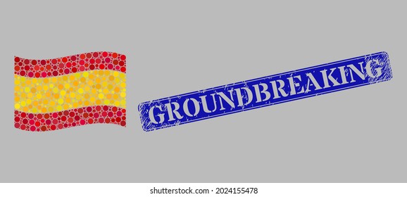 Mosaic waving Spain flag created with round pixels, and grunge Groundbreaking rectangle watermark. Vector round dots are composed into waving Spain flag mosaic.