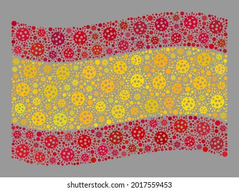 Bandera de España ondulada con mosaico diseñada con elementos celulares. Vector covid-2019 mosaico ondeando la bandera española diseñada para aplicaciones de vacunación. Diseñado para fines políticos o patrióticos.
