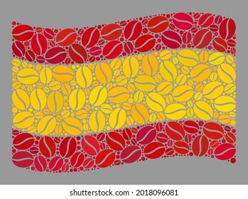 Mosaic waving Spain flag is designed with cocoa grain icons. Vector coffee mosaic waving Spain flag combined for coffee delivery ads. Spain flag collage is designed with scattered coffee.