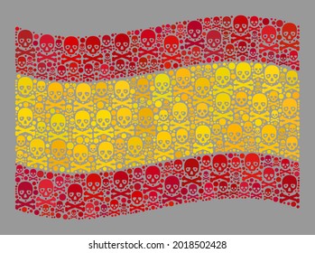 Bandera de España ondulante mosaico diseñada con elementos de cráneo. La bandera española de collage de vectores de riesgo combinado para ilustraciones de miedo. Diseñado para fines políticos o patrióticos.