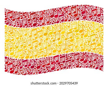 Mosaic waving Spain flag designed of music notes. Vector musical mosaic waving Spain flag created for performance applications. Spain flag collage is made with scattered musical items.