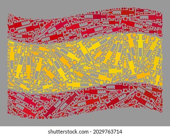 Mosaik schwingende Flagge Spanien entworfen von Impfstoffen Elemente. Vektorimpfmosaik schwänzende spanische Flagge kombiniert für Epidemieprojekte. Die Spanische Flaggencollage ist aus zufälligen Impfstoffen hergestellt.