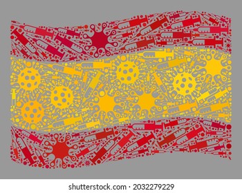 Mosaic waving Spain flag designed with virus and syringe icons. Vector vaccination collage waving Spain flag designed for medicine wallpapers.