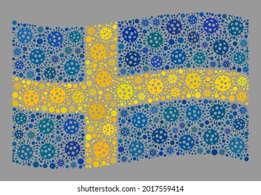 Mosaic waving Sweden flag designed of coronavirus icons. Vector covid-2019 mosaic waving Sweden flag created for health care projects. Designed for political or patriotic proclamations.