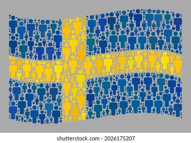 Mosaik wehende schwedische Flagge, die von Personen-Gegenständen entworfen wurde. Vectordemographische Collage schwingen Schweden Flagge für soziale Anwendungen. Schweden Flaggen-Collage ist aus zufälligen männlichen Gegenständen erstellt.