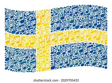 Mosaic waving Sweden flag designed with musical signs. Vector musical collage waving Sweden flag constructed for fun projects. Sweden flag collage is designed of randomized music items.