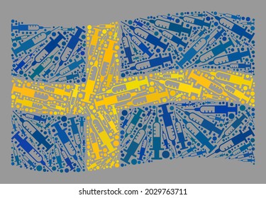 Mosaic waving Sweden flag designed of needle items. Vector covid-2019 treatment collage waving Sweden flag done for isolation propaganda. Sweden flag collage is made of scattered inoculation icons.