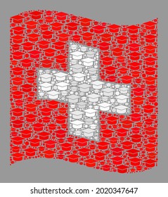 Mosaic waving Swiss flag constructed with graduation hat items. Student vector mosaic waving Swiss flag designed for exam wallpapers.