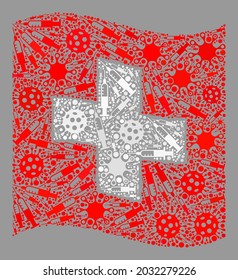 Mosaic waving Swiss flag constructed with viral and syringe items. Vector vaccine mosaic waving Swiss flag combined for safety purposes.