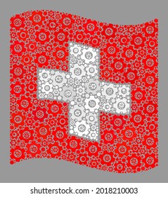 Mosaic waving Swiss flag designed of industry icons. Vector gear mosaic waving Swiss flag created for control advertisement. Swiss flag collage is created of randomized industry items.
