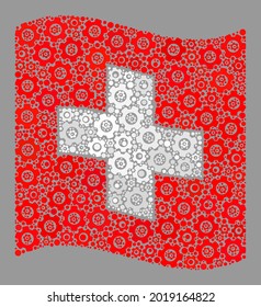Bandera suiza ondulada con mosaico diseñada con elementos de control. Mosaico vectorial de cerdo ondeando la bandera suiza diseñada para ilustraciones de servicio. El collage de la bandera suiza está diseñado con iconos aleatorios del motor.