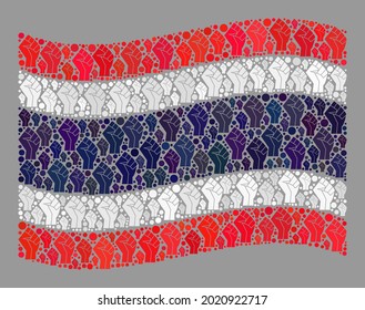 Mosaic waving Thailand flag constructed of riot hand elements. Solidarity hand vector collage waving Thailand flag done for boxing projects. Designed for political or patriotic propaganda.