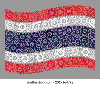 Bandera de Tailandia ondeando mosaico creada de iconos de opciones. Mosaico de engranajes vectores ondeando la bandera tailandesa diseñada para papeles mecánicos. El collage de la bandera de Tailandia está diseñado con elementos mecánicos aleatorios.