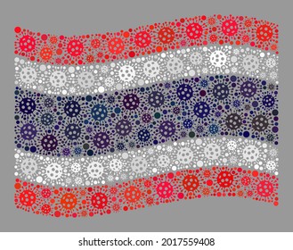 Mosaic waving Thailand flag designed of virulent items. Vector covid-2019 mosaic waving Thailand flag done for lockdown advertisement. Designed for political or patriotic purposes.