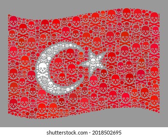 Mosaic waving Turkey flag created with death icons. Pirate vector waving collage Turkey flag created for piracy posters. Designed for political and patriotic projects.
