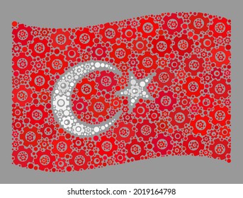 Mosaic waving Turkey flag created with industry items. Vector engine mosaic waving Turkey flag organized for production wallpapers. Turkey flag collage is created with scattered service items.