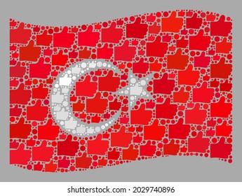 Mosaico ondeando la bandera de Turquía creada de elementos de pulgar arriba. Collage de votaciones de vectores ondeando la bandera turca organizada para proyectos nacionales. El collage de la bandera turca está diseñado a partir de elementos ascendentes aleatorios.