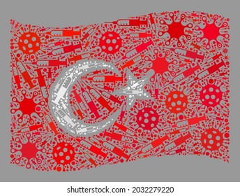 Mosaic waving Turkey flag created with viral and syringe icons. Vector virus therapy mosaic waving Turkey flag created for medical projects.