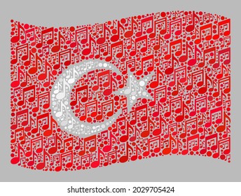 Bandera de Turquía con mosaico diseñada con signos de melodía. Mosaico musical vectorial ondeando la bandera turca diseñada para los papeles de las paredes. El collage de la bandera turca está diseñado con elementos musicales al azar.