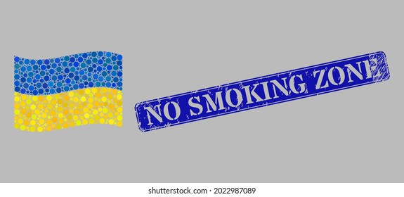 Bandera de Ucrania ondulada por mosaicos diseñada con puntos redondos y un sello rectangular de zona de no fumadores. Los puntos circulares vectoriales se componen de ondear mosaico de la bandera de Ucrania.