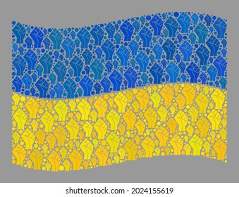 Mosaik schwingende Ukraine-Flagge aus ersten Elementen. Konflikthand-Vektorgrafik-Collage schwingen die Flagge der Ukraine für Kampfflugzeug-Werbung getan. Entworfen für politische und patriotische Doktrinen.