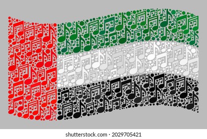 Mosaic waving United Arab Emirates flag created with music icons. Vector music collage waving United Arab Emirates flag created for event applications.