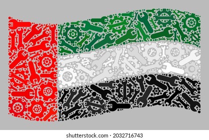 Mosaic waving United Arab Emirates flag designed of cogwheel elements. Vector cog, wrench mosaic waving United Arab Emirates flag constructed for development illustrations.