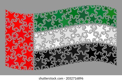 Mosaic waving United Arab Emirates flag constructed of star elements. Vector starred collage waving United Arab Emirates flag designed for celebration illustrations.