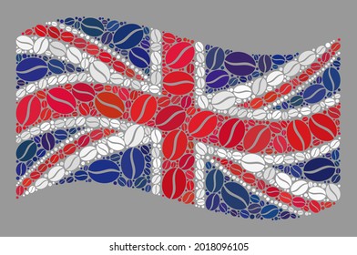 Mosaic waving United Kingdom flag is constructed with cocoa grain icons. Vector coffee mosaic waving United Kingdom flag created for coffee delivery ads.