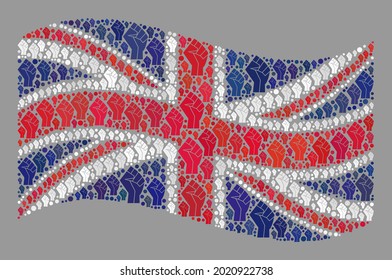Mosaic waving United Kingdom flag constructed of rebel icons. Protest fist vector mosaic waving United Kingdom flag designed for fighter applications.
