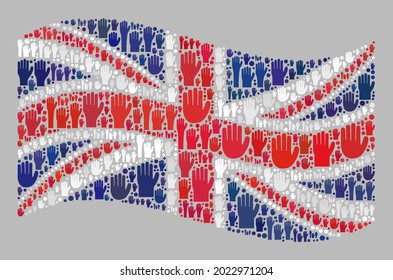 Mosaic waving United Kingdom flag designed of raised up voting arm elements. Vector voting collage waving United Kingdom flag combined for party advertisement.