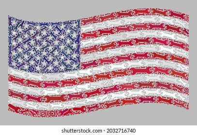 Mosaic waving USA flag constructed of mechanic items. Vector gear, spanner collage waving USA flag designed for control illustrations. USA flag collage is designed from random mechanic items.