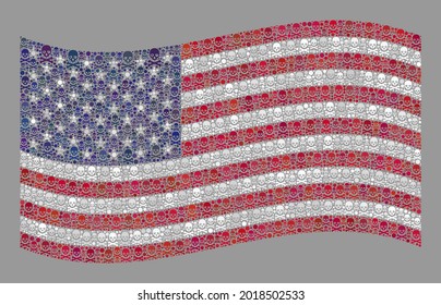 Mosaic waving USA flag designed with piracy elements. Mortal vector waving mosaic USA flag created for hacker posters. Designed for political and patriotic posters.