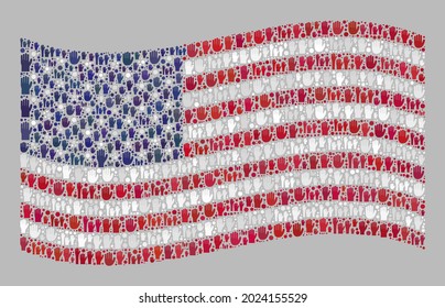 Mosaic waving USA flag designed with raised up referendum palm icons. Vector electoral mosaic waving USA flag combined for official advertisement. USA flag collage is organized with help palms.