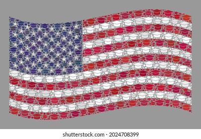 Mosaic waving USA flag designed of graduate hat items. Education vector mosaic waving USA flag combined for academic wallpapers. USA flag collage is formed of scattered high school items.